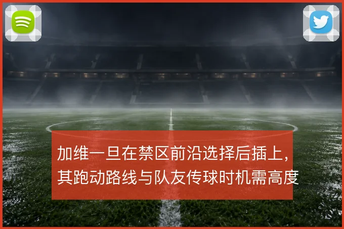 加维一旦在禁区前沿选择后插上，其跑动路线与队友传球时机需高度契合